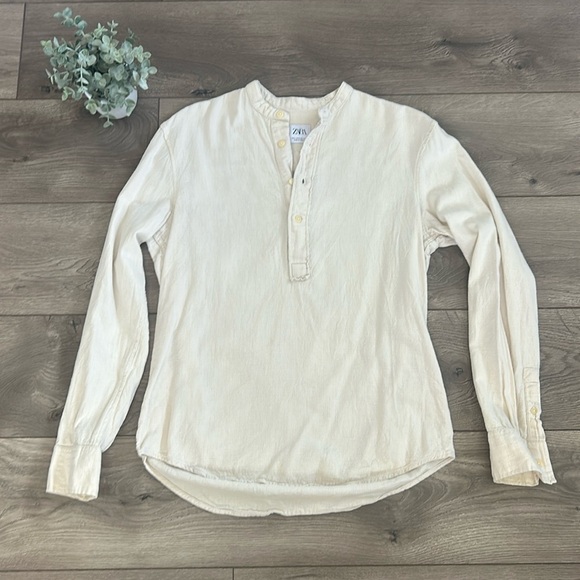 ZARA * Cotton/Linen Blend * Half Button Up * Tan * Long Sleeved Top * Size Small - Picture 1 of 6